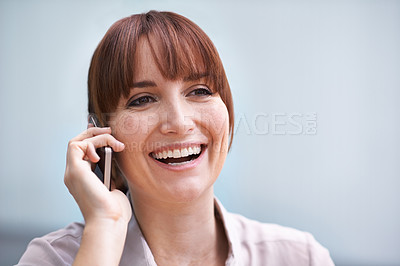 Buy stock photo Business, woman and happy for phone call for communication, connection and technology for networking. Consultant, positive and smartphone for project management and professional by blue background