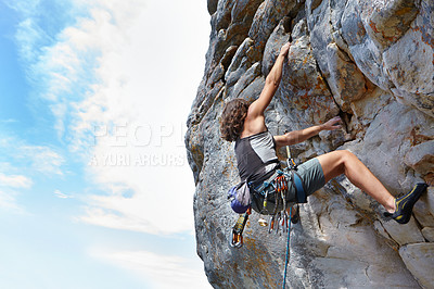 Buy stock photo Rock climbing, fitness and adventure with woman on mountain for challenge and travel with space. Strong, freedom and hiking with female climber training in nature for courage, safety and workout