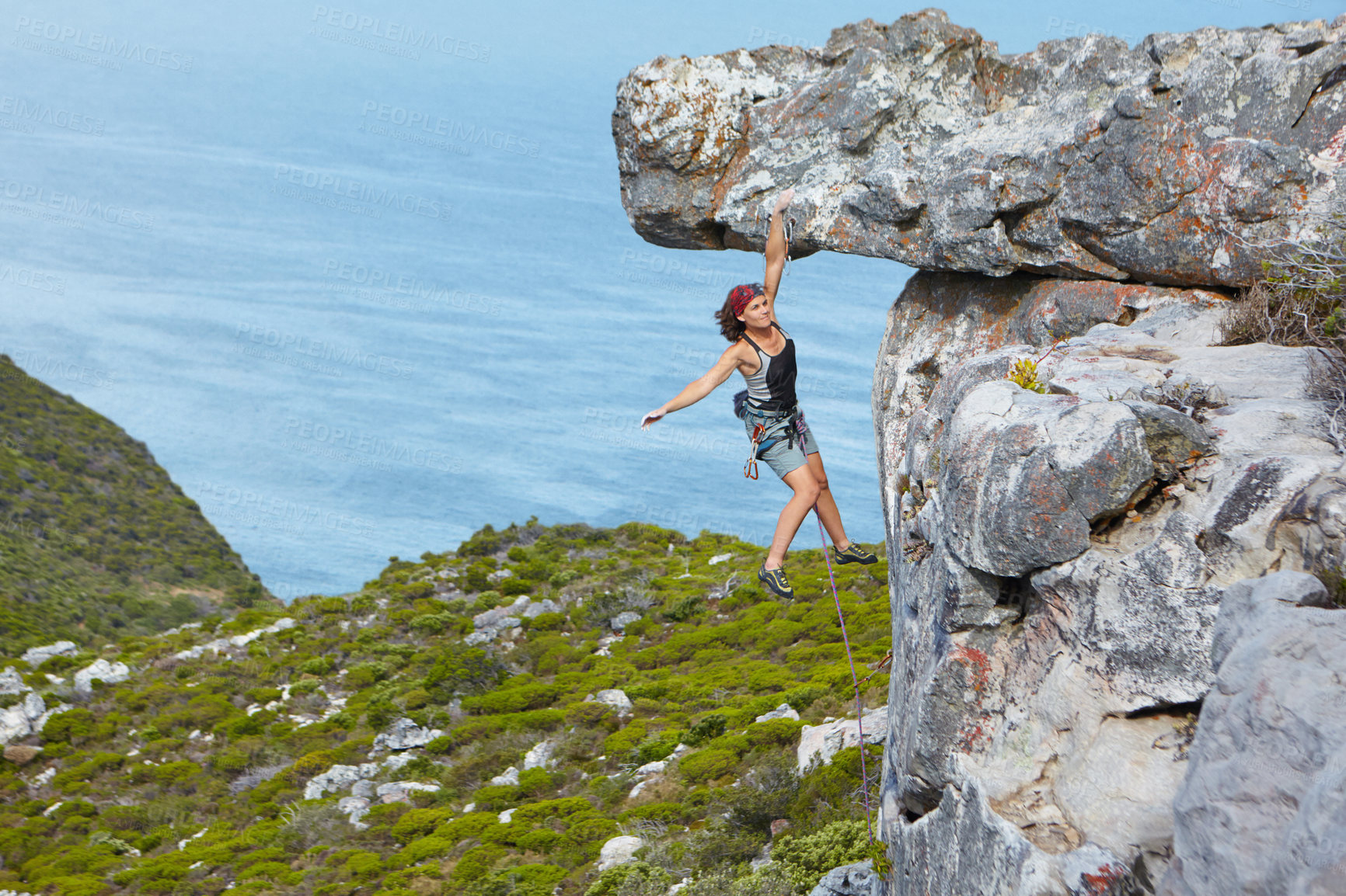 Buy stock photo Fitness, mountain and woman rock climbing, exercise and nature with wellness, balance and hobby. Female person, girl or mountaineer with tools, environment or workout with a view or healthy lifestyle