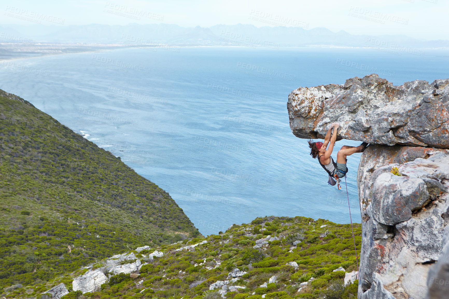 Buy stock photo rock climbing, mountain and a woman hanging on a cliff with rope for adventure, travel and risk in nature. Female person outdoor for sports challenge, adrenaline and exercise for fitness in mountains