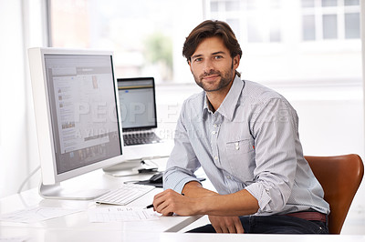 Buy stock photo Human resources, smile and portrait of businessman in office checking cv for recruitment. Technology, confident and professional male hr manager working and reading resume on computer in workplace.