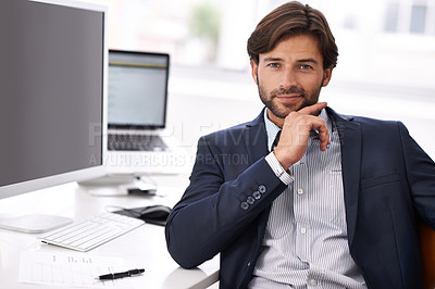 Buy stock photo Portrait, desk and investment banker man in suit at office for corporate career in professional company. Finance, accounting and computer with confident broker in workplace for portfolio management