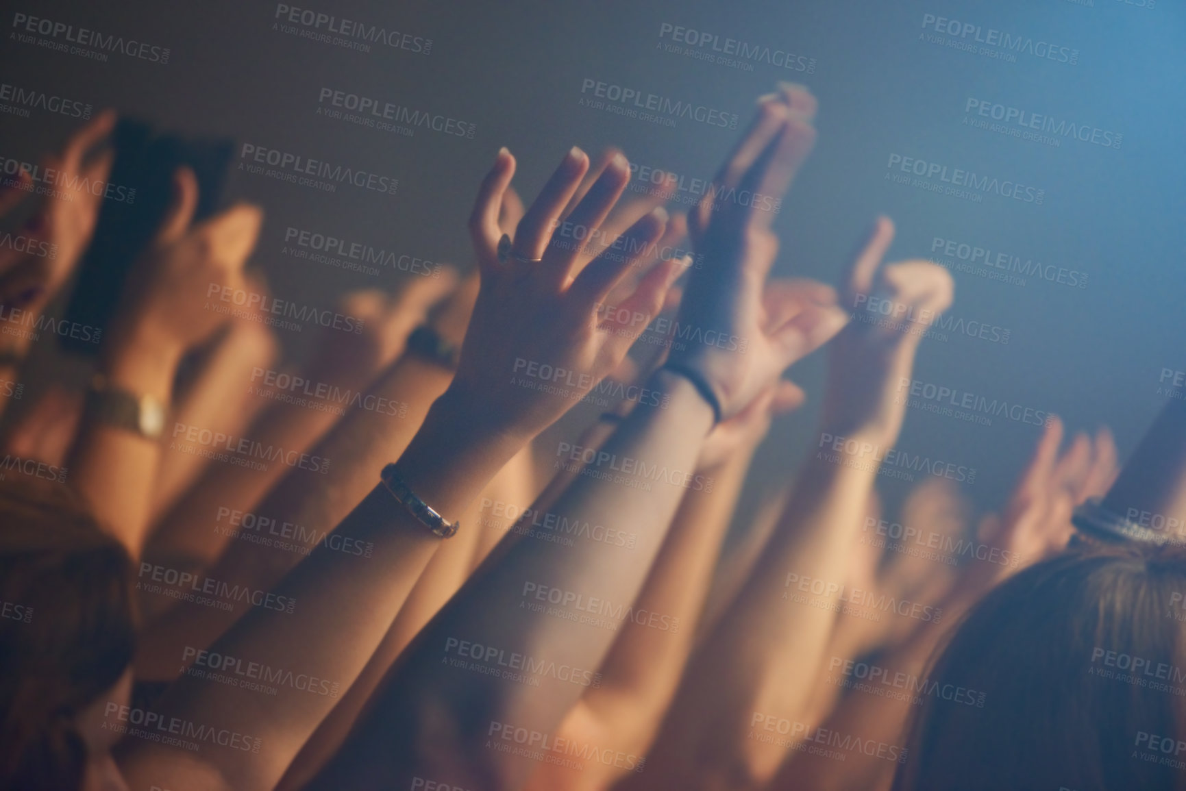 Buy stock photo Hands, crowd and celebration or friends at music festival, collaboration and freedom at nightclub. People, closeup and weekend at party or social event, concert and community or together at show