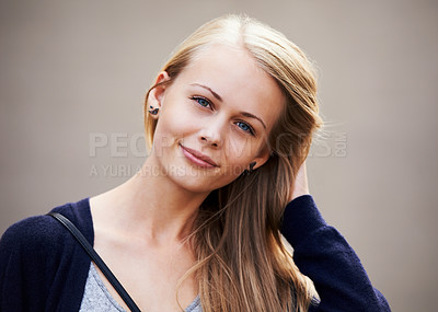 Buy stock photo Beauty, portrait and woman with hair care in studio isolated on a gray background. Face, fashion or hairstyle of young person in trendy casual clothes, facial expression or blonde girl in Switzerland