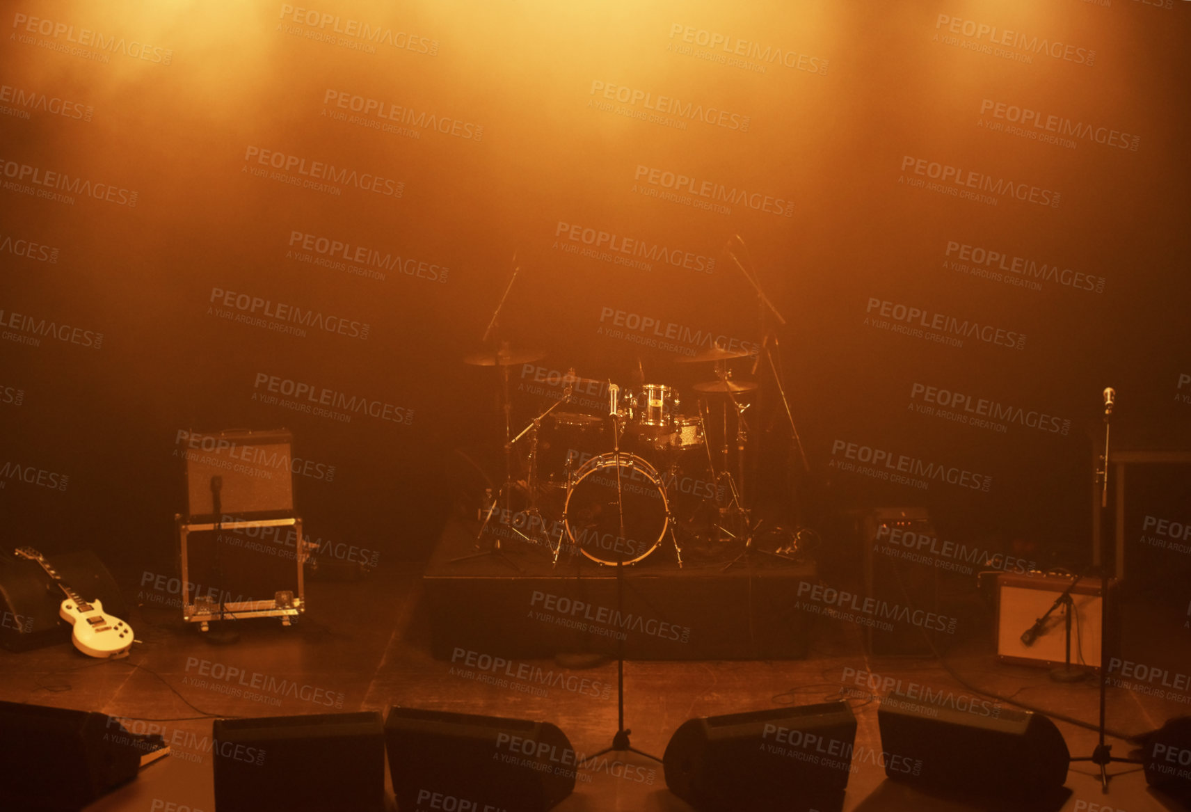 Buy stock photo A stage filled with musical equipment and speakers