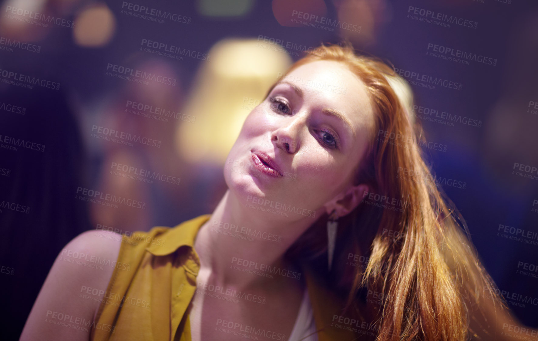 Buy stock photo Woman, happy and portrait at party or concert, smiling and entertainment at special event on weekend. Female person, bokeh and dancing at club on vacation or holiday, celebrating and music festival