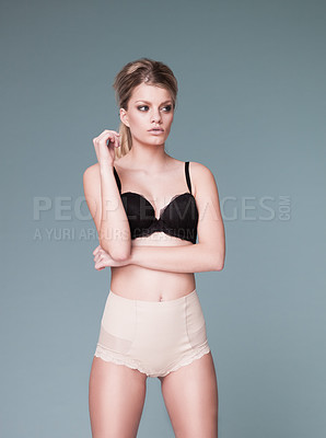 Buy stock photo Mockup, sexy and woman with lingerie, beauty and confident girl against a grey studio background. Female person, lady and model with underwear. confidence and wellness with ideas, wellness and 