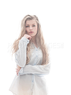 Buy stock photo An ethereal beauty bathed in white light wearing a long sleepshirt