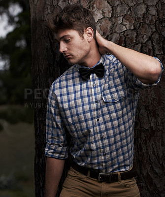 Buy stock photo Fashion, serious and hipster with man in nature for retro, trendy and vintage style. Confidence, funky and casual with young male person shirt in urban outdoors for cool, elegant and attractive