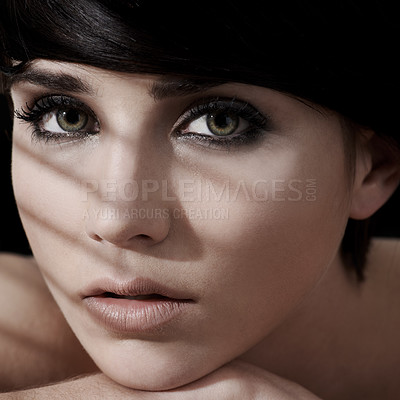 Buy stock photo Makeup, portrait and closeup of woman with beauty, wellness and glowing skin treatment closeup. Face, headshot or calm female model relax with eye cosmetics, eyeshadow or neutral, glamour or lipstick