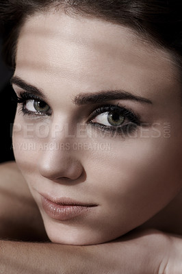 Buy stock photo Portrait, makeup and closeup of woman with beauty, wellness and glowing skin treatment results. Face, headshot or calm female model relax with eye cosmetics, eyeshadow or bold, glamour or lipstick