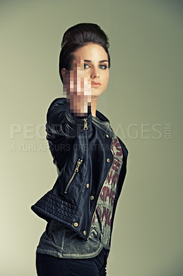 Buy stock photo Model, studio and punk with gesture, fashion and rebel for expression, anger and style. Woman, leather jacket and middle finger for attitude, confidence and individuality with portrait and rock star