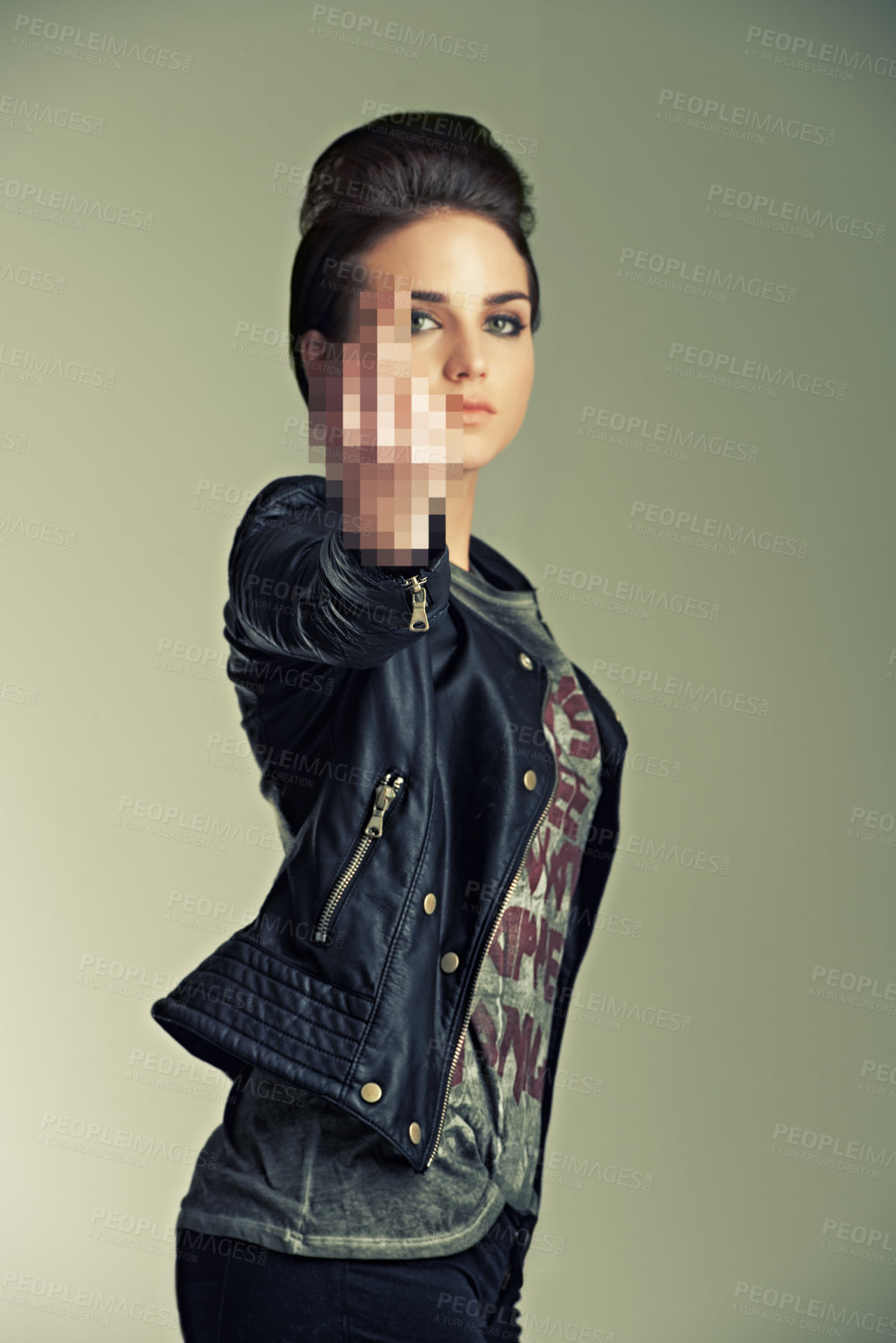 Buy stock photo Model, studio and punk with gesture, fashion and rebel for expression, anger and style. Woman, leather jacket and middle finger for attitude, confidence and individuality with portrait and rock star