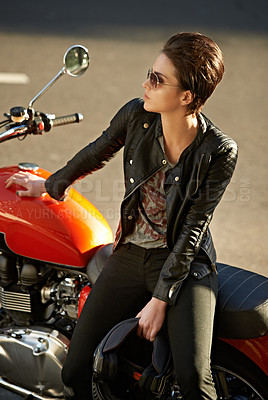 Buy stock photo Motorcycle, thinking and woman in city with sunglasses for travel, transport or road trip as rebel. Fashion, leather and model with attitude on classic or vintage bike for transportation or journey