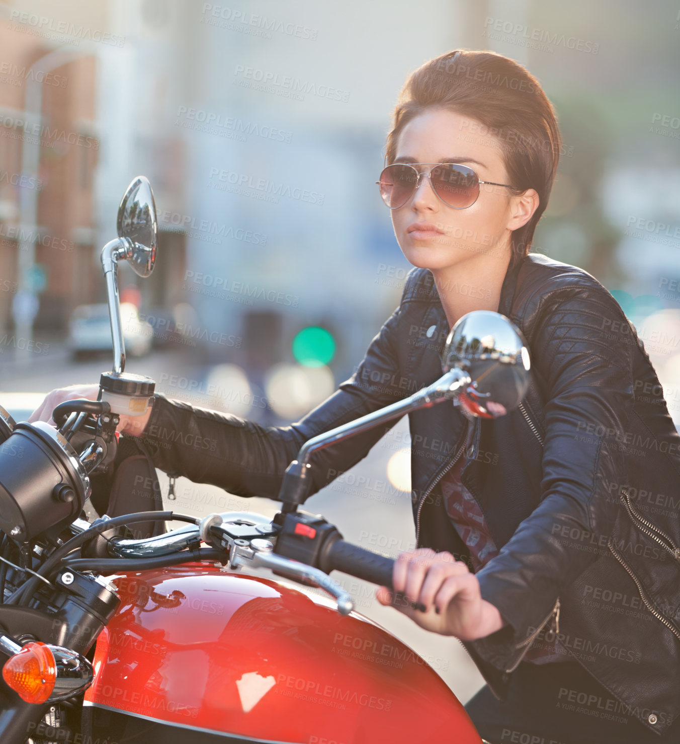 Buy stock photo Motorcycle, power and woman in city with sunglasses for travel, transport or road trip as rebel. Fashion, street and model in leather jacket on classic or vintage bike for transportation or journey