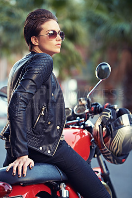 Buy stock photo Motorcycle, road trip and woman thinking in city with sunglasses for travel or transport as rebel. Fashion, street and person with attitude on classic or vintage bike for transportation or journey