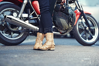 Buy stock photo Legs, road and person with a motorcycle for urban journey and commute in Prague, Europe. Riding, break and people with feet closeup for motorbike commute in the Czech Republic with confidence