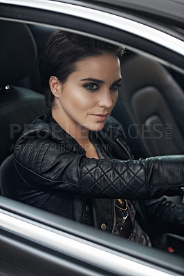 Buy stock photo Woman, car and view while driving on a journey or adventure in a luxury vehicle. Female person, roadtrip and steering wheel of a transportation motor for confidence on a travel destination trip