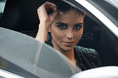 Buy stock photo Woman, car and portrait while driving for a roadtrip commute in a luxury vehicle. Female person, face and window of a transportation motor for trip with confidence to travel destination