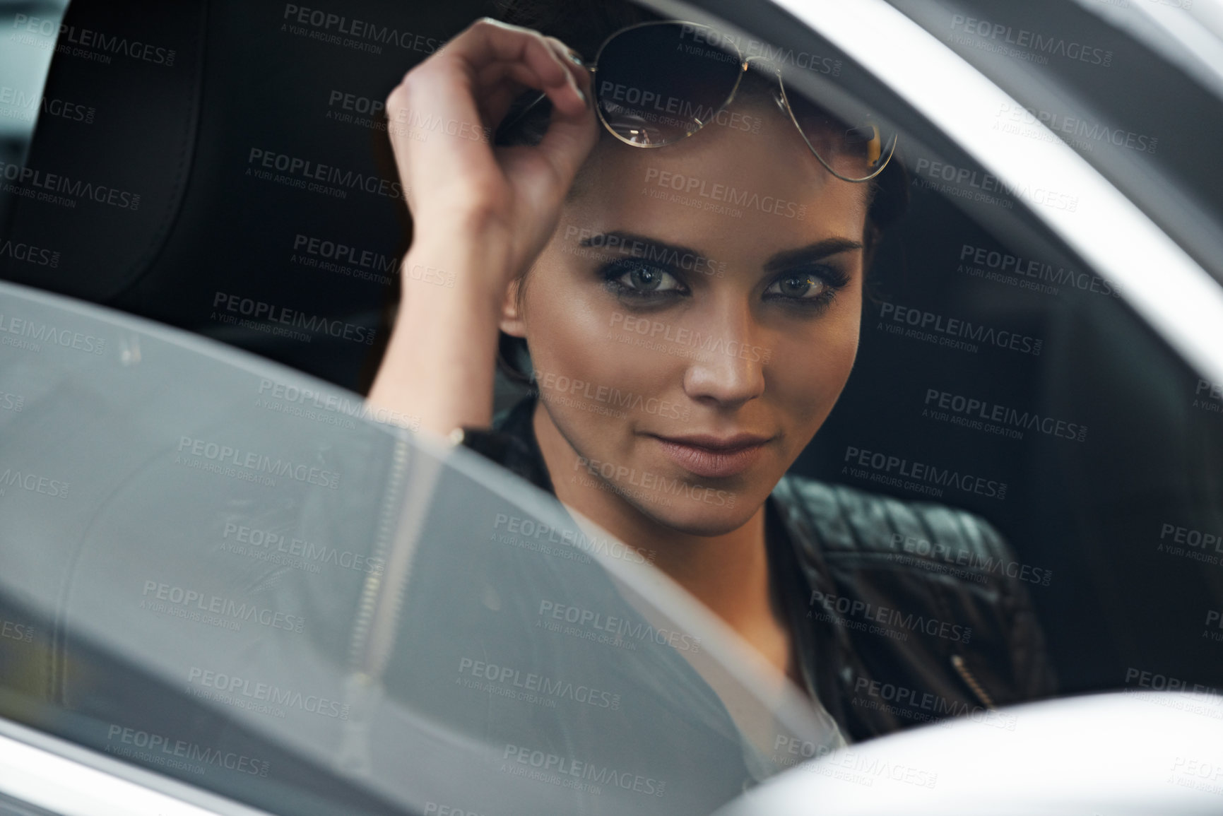 Buy stock photo Woman, car and portrait while driving for a roadtrip commute in a luxury vehicle. Female person, face and window of a transportation motor for trip with confidence to travel destination