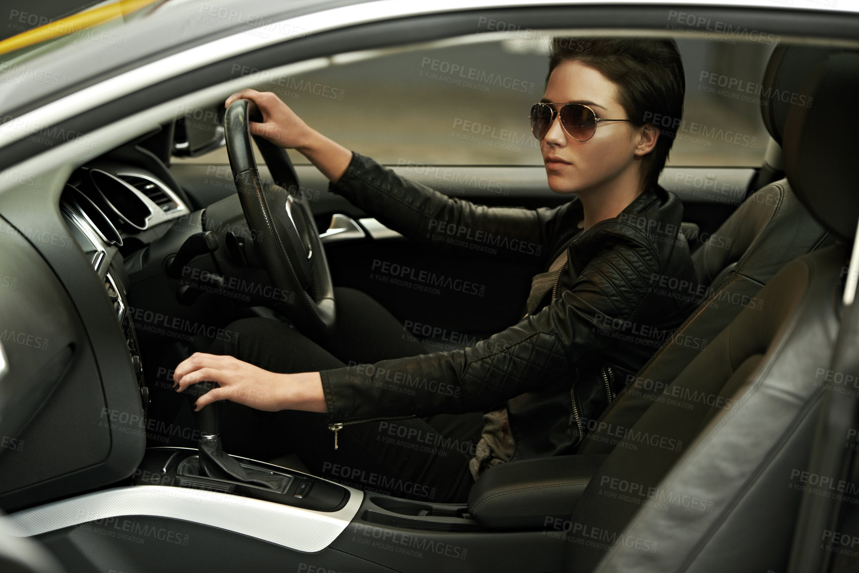 Buy stock photo Woman, car and cool style while driving for a roadtrip adventure in a luxury vehicle. Female person, sunglasses and steering wheel of a transportation motor for trip with ride to travel destination