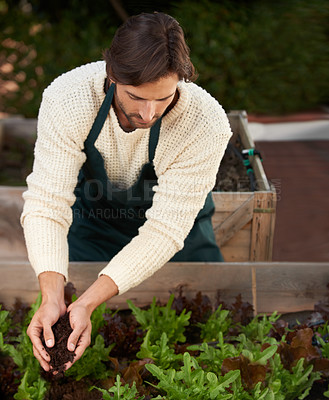Buy stock photo Man, farm and soil for garden, plant and vegetation for nature conservation and organic food. Ecology, male farmer and eco friendly earth for agriculture, growth and nutrition for sustainability   
