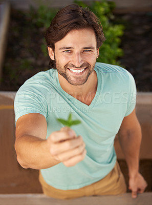 Buy stock photo Man, seedling and nature for growth, agriculture and above soil for sustainability and plant. Farmer, happy and portrait with ecology, gardening and outdoor for eco friendly, future or horticulture