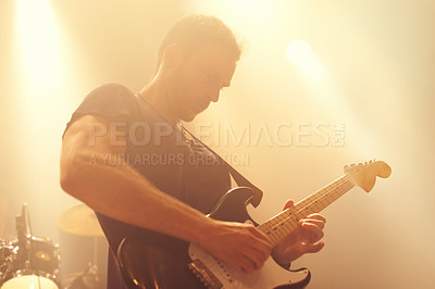 Buy stock photo Music, concert and man with a guitar for performance, music festival or night club. Sound rehearsal, live stage and musician with an instrument at a live festival or show with a band playing audio