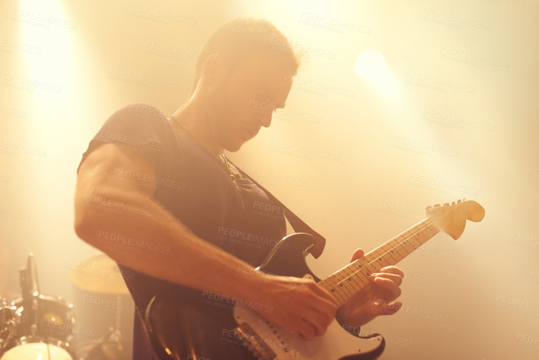 Buy stock photo Music, concert and man with a guitar for performance, music festival or night club. Sound rehearsal, live stage and musician with an instrument at a live festival or show with a band playing audio