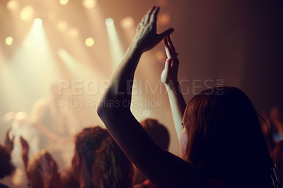 Buy stock photo Music festival, audience or woman dance in crowd for disco, celebration or freedom with energy, club event or party. Concert or girl for dance with hands for support, celebrate new year or birthday