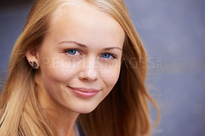 Buy stock photo Beauty, happiness and portrait of woman with smile for wellness, positive mindset and relaxing. Youth, cosmetics and face of young teenager from Ireland with healthy skin, blonde hair and blue eyes