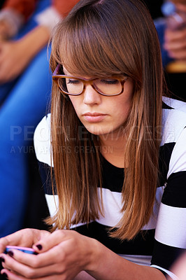 Buy stock photo Girl, smartphone and contact, text message or social media check, communication and technology with young, gen z youth. Online, social network and mobile phone with app and internet, wifi and 5g.