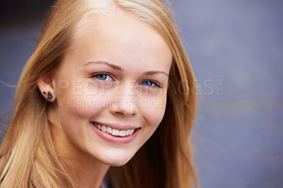 Buy stock photo Portrait, teenager and smile for youth happiness or positive student mindset or education motivation. Young woman, happy face and studying confidence, smiling headshot or girl empowerment in Sweden