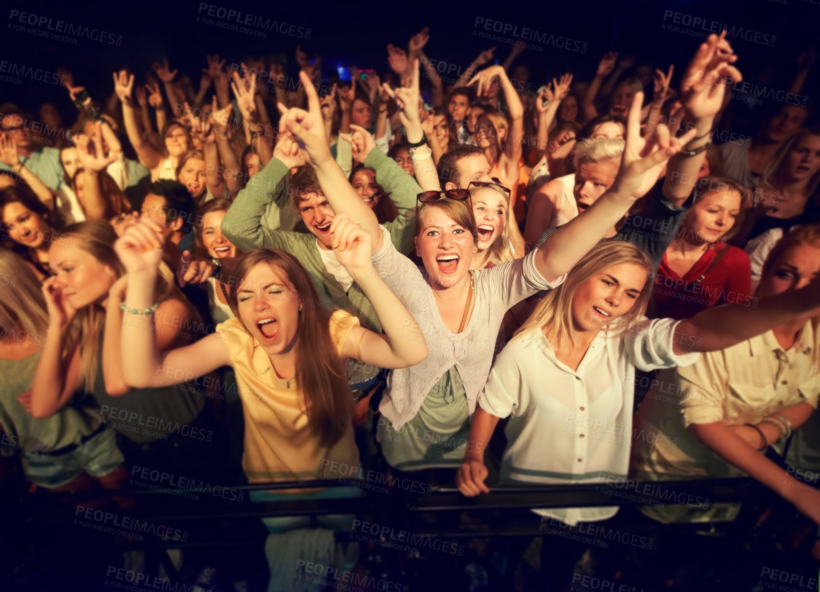 Buy stock photo Crowd, concert and excited people at music festival, party and disco, freedom and youth culture in social nightclub, rave and live show. Happy, audience, fans and performance of band, dj and event 