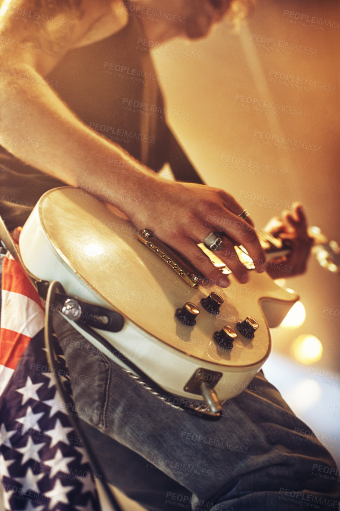 Buy stock photo Guitar, hands and stage in closeup for rock concert, performance and singing at party, event and night. Male musician, artist or rockstar with instrument at music festival for art, sound and career