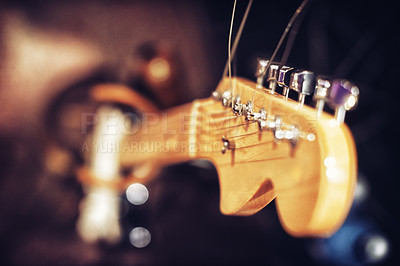 Buy stock photo Closeup, guitar and music in studio for band, rehearsal and session to perform on stage, song and entertainment. Artist, recording and album for live at concert, loud with audio for audience.