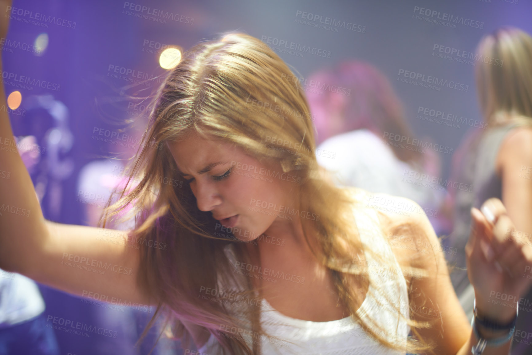 Buy stock photo Dance, night and music with woman at club for performance, dj event and energy. Rock, musician festival and celebration with female person in crowd at nightclub party for concert and disco show
