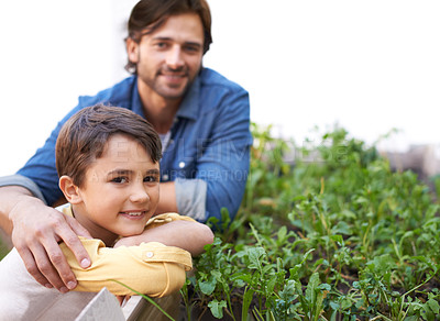 Buy stock photo Dad, son and portrait in garden standing by herbs bed, smiling and outdoors together for growth season. Parent, child and nurture agriculture for sustainability, environment and eco friendly 
