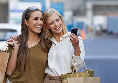 Buy stock photo Shopping hug, city selfie and happy friends, women or people with photo memory of urban market spree. Retail product deal, fashion discount promotion and stylish female customer with designer clothes