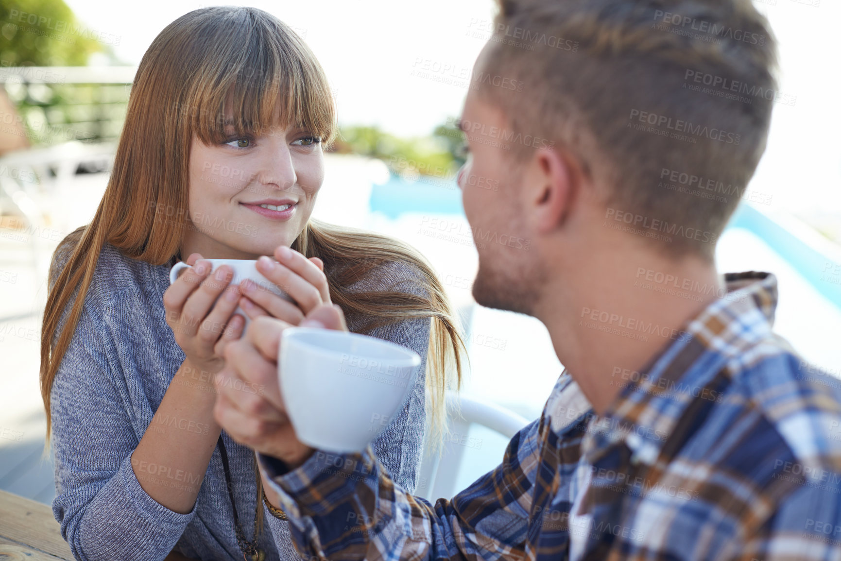 Buy stock photo Couple, morning and drinking coffee on vacation and love in outdoors, romance and hot tea on holiday. People, bonding and peaceful or relaxation, commitment and loyalty to marriage or relationship 