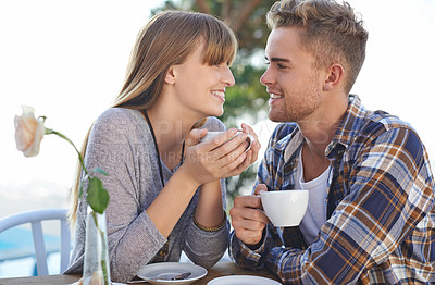 Buy stock photo Couple, morning and drinking coffee on holiday and love in outdoors, romance and hot tea on vacation. People, bonding and breakfast for relaxation, commitment and loyalty to marriage or relationship