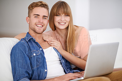 Buy stock photo Happy couple, portrait and relax with laptop on sofa, watch movies and streaming with subscription in home. Smile, man and woman on couch with computer on website, blog or social media on internet