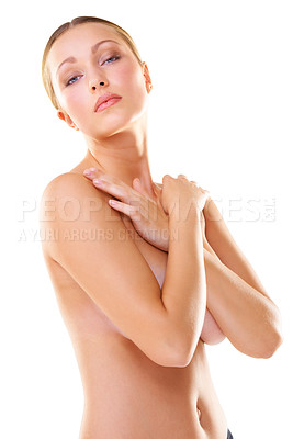Buy stock photo Cropped shot of a half-nude young woman isolated on white