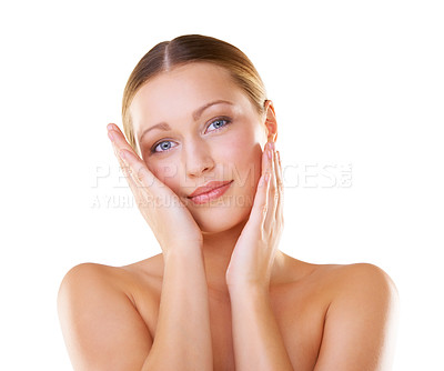 Buy stock photo Studio, portrait and woman with skincare smooth face on a white background for natural beauty and wellness. Body care, cosmetic dermatology and healthy woman from the Netherlands with confidence 