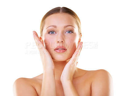 Buy stock photo White background, beauty and portrait of woman for wellness, skincare and facial treatment. Salon aesthetic, spa and isolated person with hands for natural glow, healthy skin and cosmetics in studio