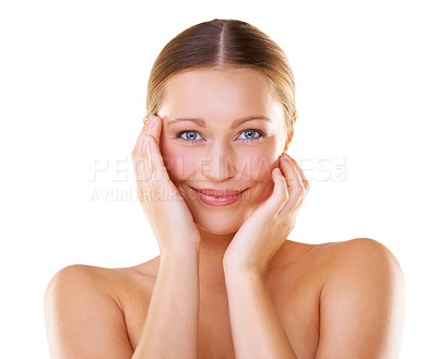 Buy stock photo Studio, portrait and woman with skincare and smile on a white background for natural beauty and wellness. Body care, cosmetic dermatology and happy model with confident treatment for her skin