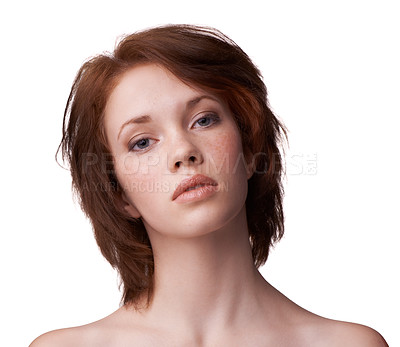 Buy stock photo Portrait, woman and face in white background with skin, glow and confidence in studio with treatment for healthy redhead. Skincare, routine to keep glowing with natural look, fresh and smooth