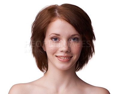 Buy stock photo Closeup, woman and smile with natural makeup in white background, studio and confidence in perfect skin. Face, cosmetic and glow with red hair in beautiful skin with routine, aesthetic and care.  