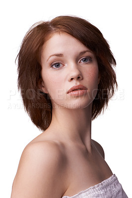 Buy stock photo Closeup portrait of a young model isolated on white