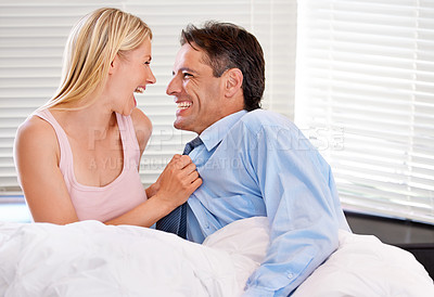 Buy stock photo Love, laugh and morning with couple in bedroom for wake up, getting ready and happiness. Smile, commitment and relationship with businessman and woman at home for connection, support and romance